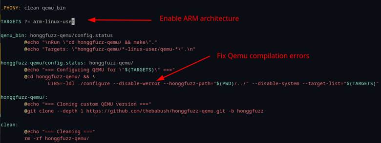 Editing Honggfuzz Qemu mode's Makefile.