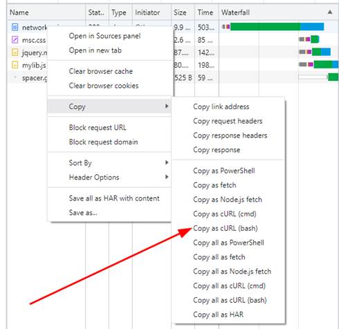 Copy as curl option in Chrome