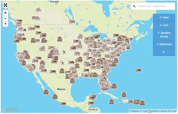 Figure 9: pelobuddy.com’s interactive map to help locate public Peloton exercise equipment. 