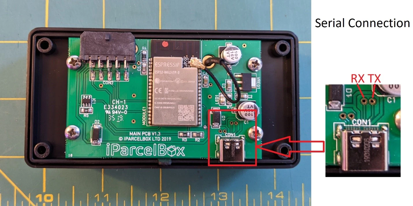 Figure 14. The internals of the iParcelBox (TX and RX highlighted in red)