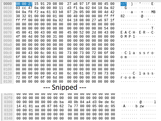 Figure 5: Wireshark capture of teacher’s UDP message