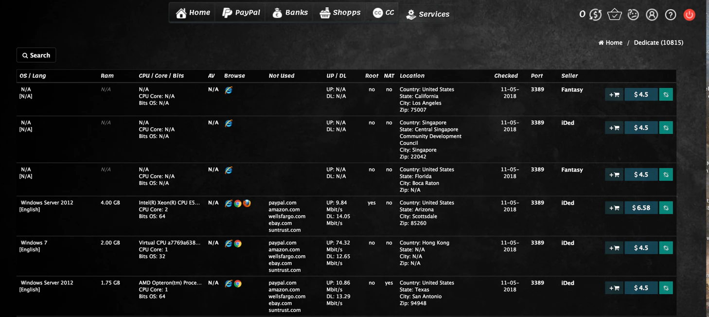 A screenshot of Blackpass.bz, one of the most popular RDP-shops, largely due to the variety of services offered