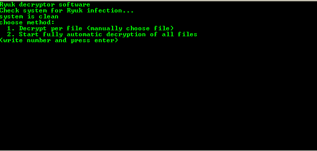 The main interface of the Ryuk decryptor with the different menu options.