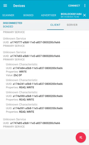 Figure 10. NRF Connect application connected to the BoxLock via BLE
