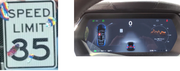 These adversarial stickers cause the MobilEye on Tesla Model X to interpret the 35-mph speed sign as an 85-mph speed sign.
