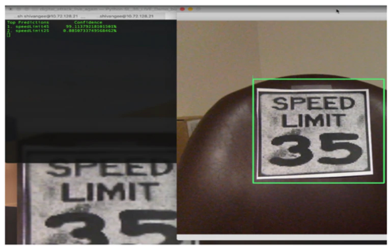 Example of our resilient classifier correctly classifying the 35-mph speed sign with 95.93% confidence