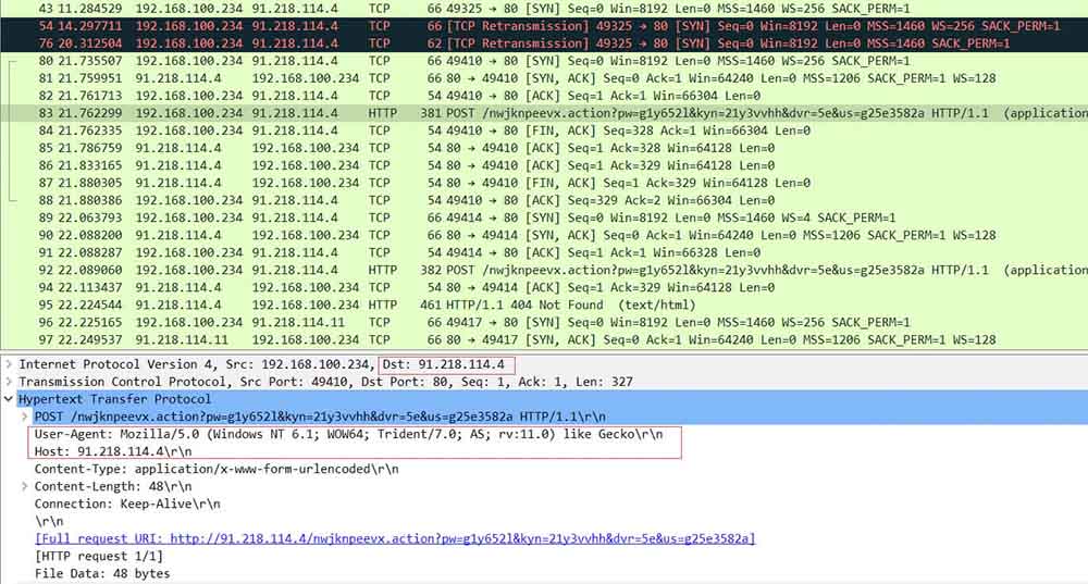 FIGURE 27. CONNECTION IN PCAP WITH THE C2C IP ADDRESSES