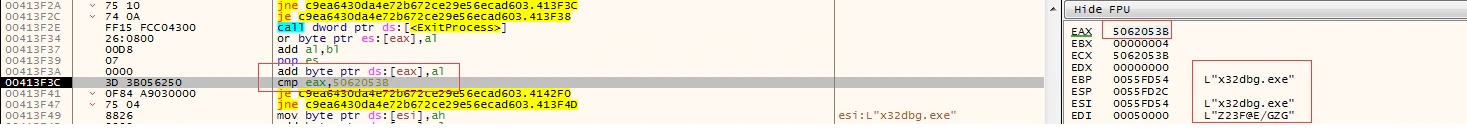 FIGURE 7. X32DBG PROCESS CAUGHT BY THE MALWARE WITH THE HASH