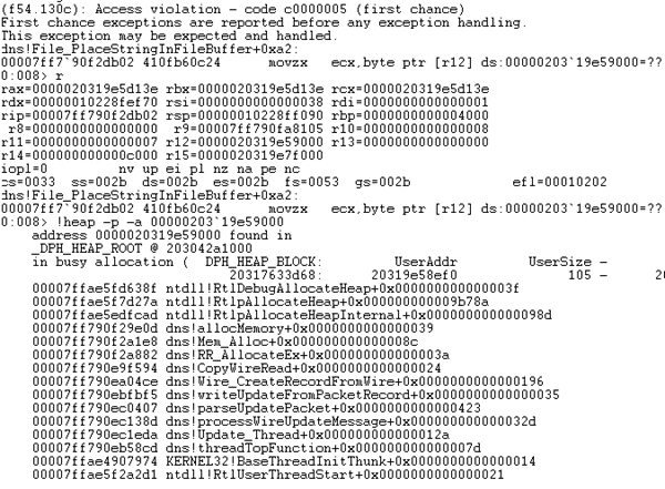 
Figure 2: WinDbg output of crash while attached to dns.exe
