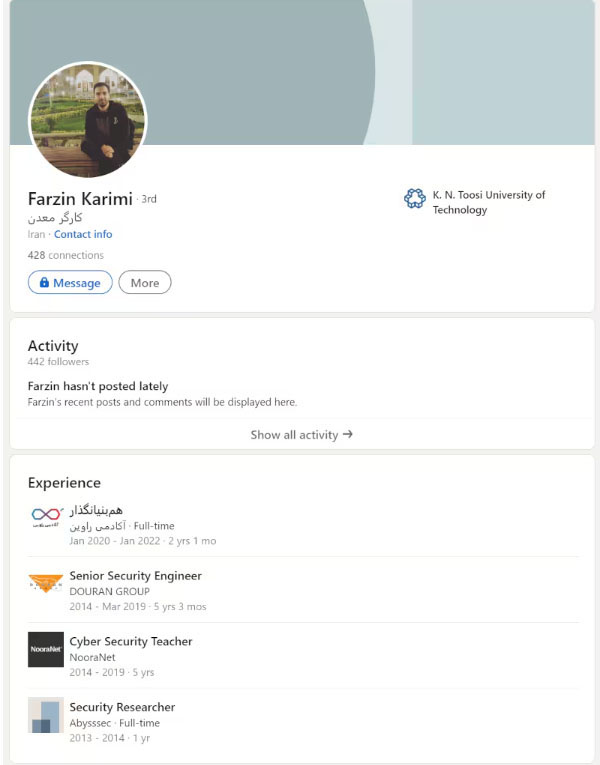 Figure 6: Farzin Karimi, former Iranian intelligence cyber operator and current president of Ravin Academy.