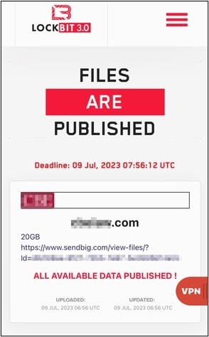 図 10 LockBit Leak Siteで確認された例:File Sharing Site「SendBig」にファイルが持ち出されている事がデータ公開URLから確認できる。