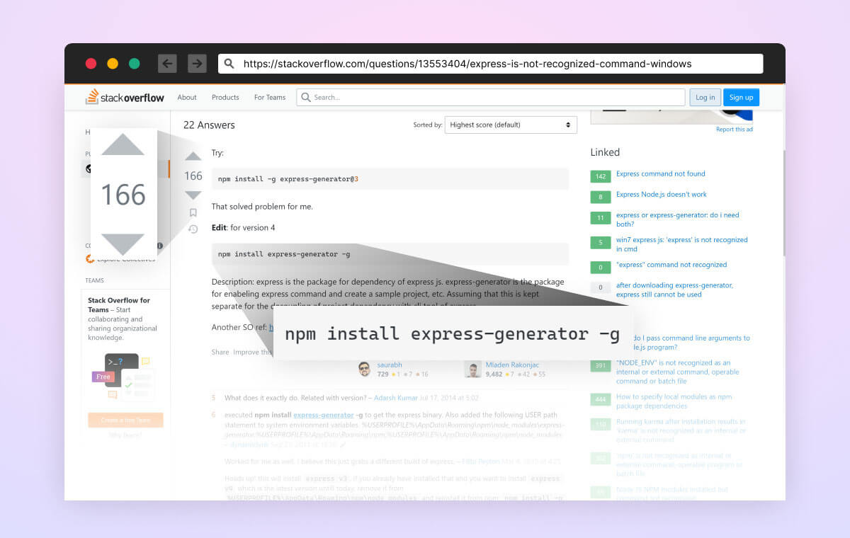 図5:「express-generator」npmパッケージの使用を推奨するStackOverflowの人気回答のスクリーンショット